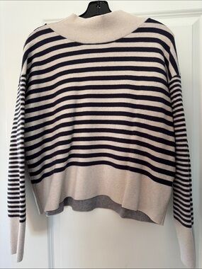 Anthropologie Maeve Navy and Beige Striped Mock Neck Sweater